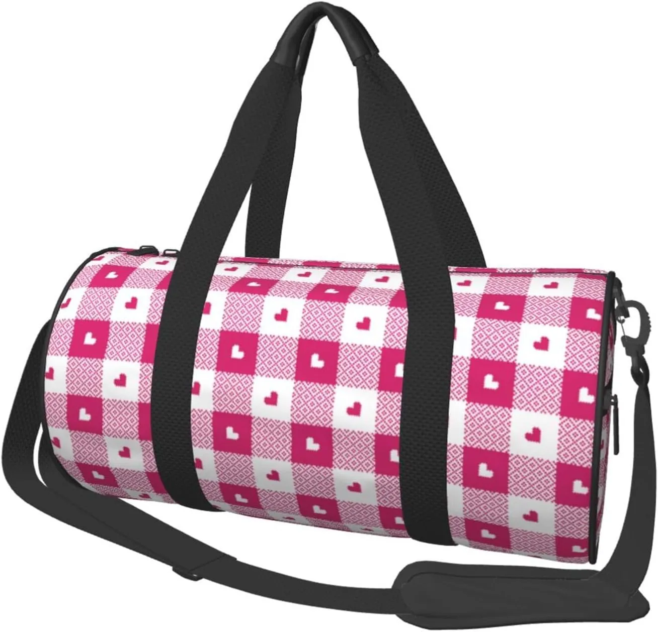 Travel Duffle Bag, Hot pink plaid heart Sports Gym Bag for Women Men, Carry On Bag Weekender Overnight Duffel Bag, Personal Item Travel Bag