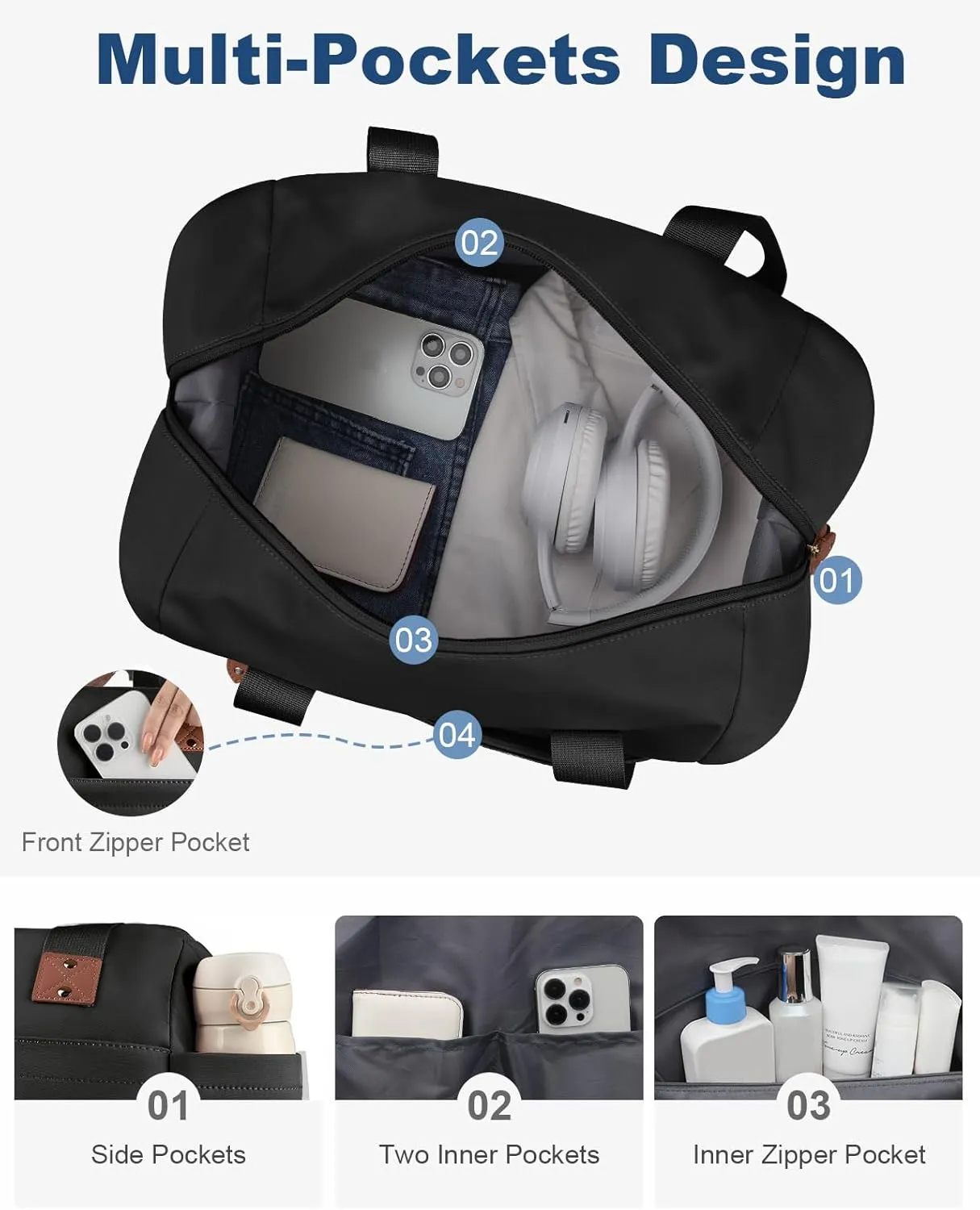 Travel Duffle Bag, Waterproof Weekender Overnight Hospital Bags for Women Men with Toiletry Bag Lightweight Carry on Personal Item Duffle Gym Bag for Travel, Airplanes, Sports