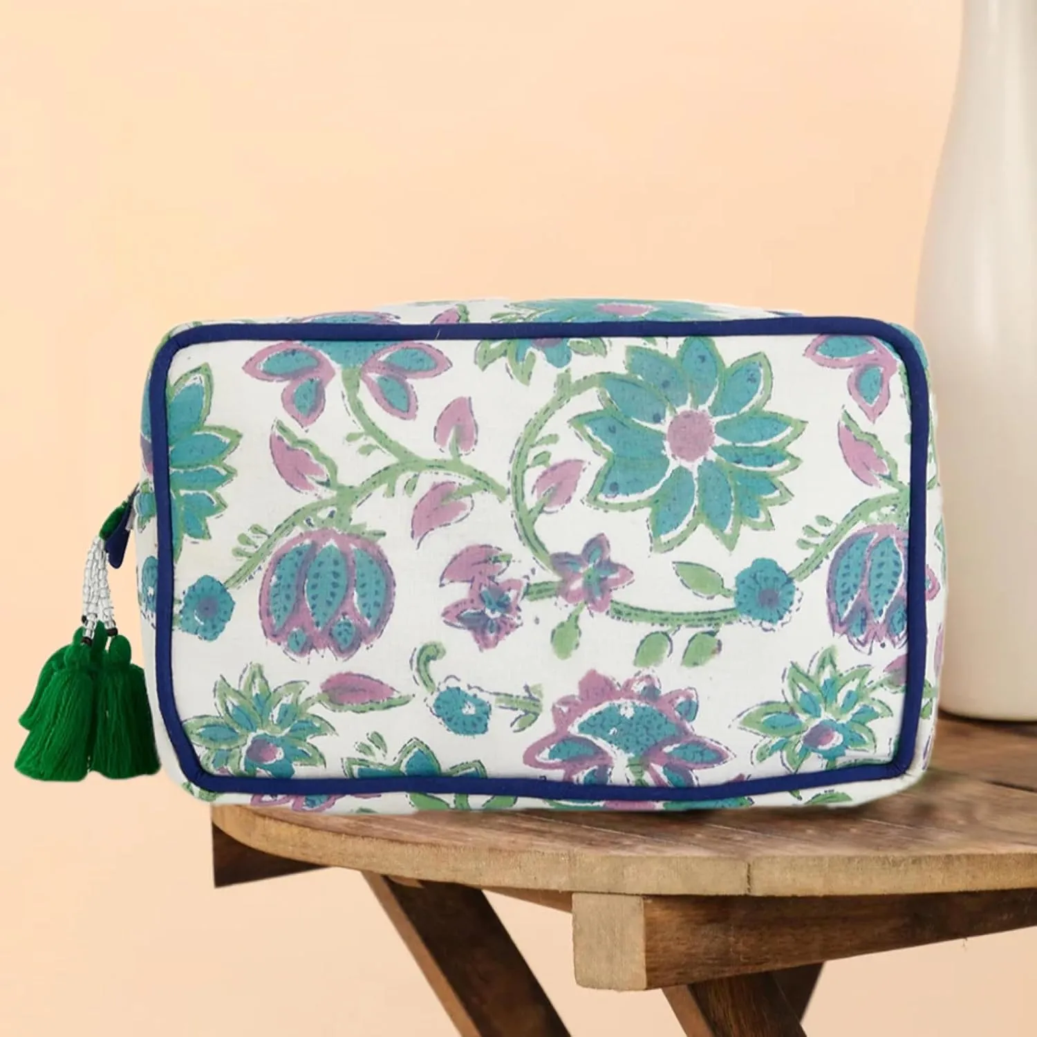 Travel Makeup Bag- Large Capacity Cosmetic Bags for Women - Water Resistance Lining Portable Pouch & Open Toiletry Bag - Perfect Girls Makeup Organizer for Travel Essentials (White & Green Floral)