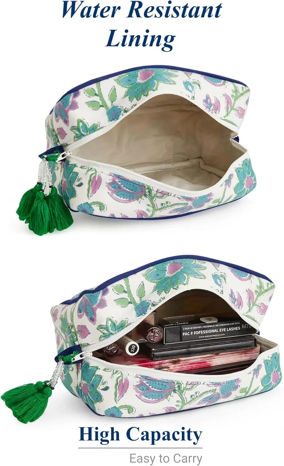 Travel Makeup Bag- Large Capacity Cosmetic Bags for Women - Water Resistance Lining Portable Pouch & Open Toiletry Bag - Perfect Girls Makeup Organizer for Travel Essentials (White & Green Floral)