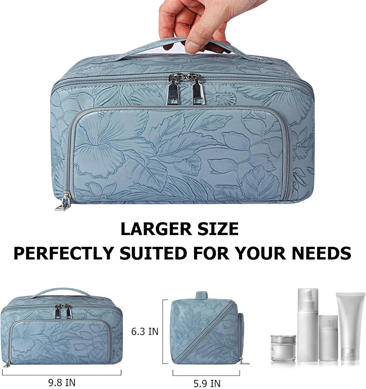 Travel Makeup Bag, Large Capacity Cosmetic Bags for Women, Waterproof Lining and PU Leather Portable Pouch, Open Flat Toiletry Bag, Make up Organizer with Divider & Handle (Light Blue)