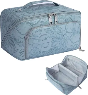 Travel Makeup Bag, Large Capacity Cosmetic Bags for Women, Waterproof Lining and PU Leather Portable Pouch, Open Flat Toiletry Bag, Make up Organizer with Divider & Handle (Light Blue)