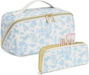 Travel Makeup Bags Cosmetic Organizer Bag 2-Set Large Capacity Make up Bag - Corduroy Toiletry Bag for Women - Wide Open Portable Pouch with Divider & Handle (Orchid)