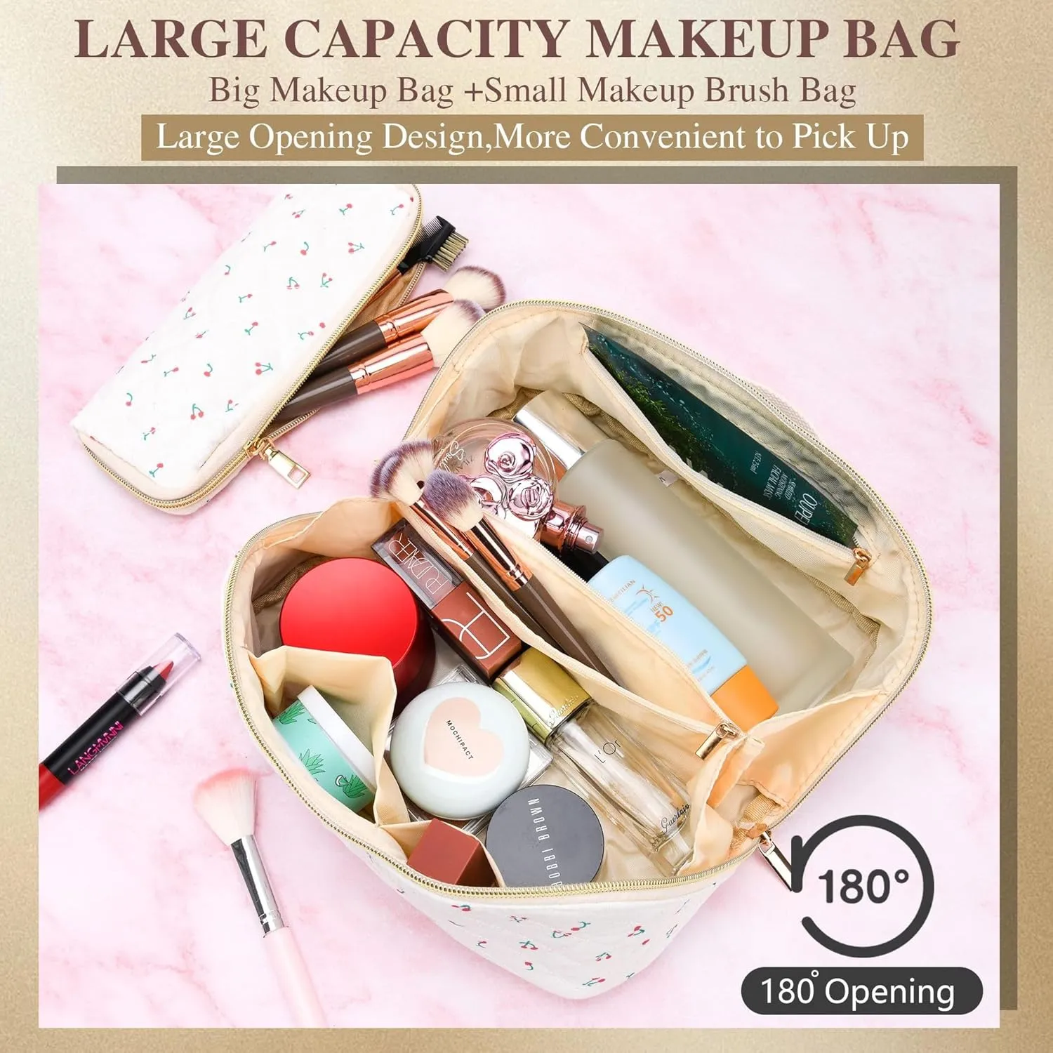 Travel Makeup Bags Cosmetic Organizer Bag 2-Set Large Capacity Make up Bag - Corduroy Toiletry Bag for Women - Wide Open Portable Pouch with Divider & Handle (Orchid)