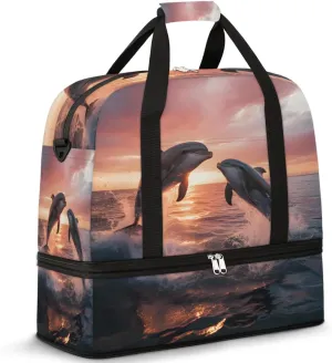 Travel Weekend Bag Dolphins Sports Tote Gym Bags for Women Men, Aquatic Ocean Dolphin Shoulder Weekender Overnight Bag with Shoes
