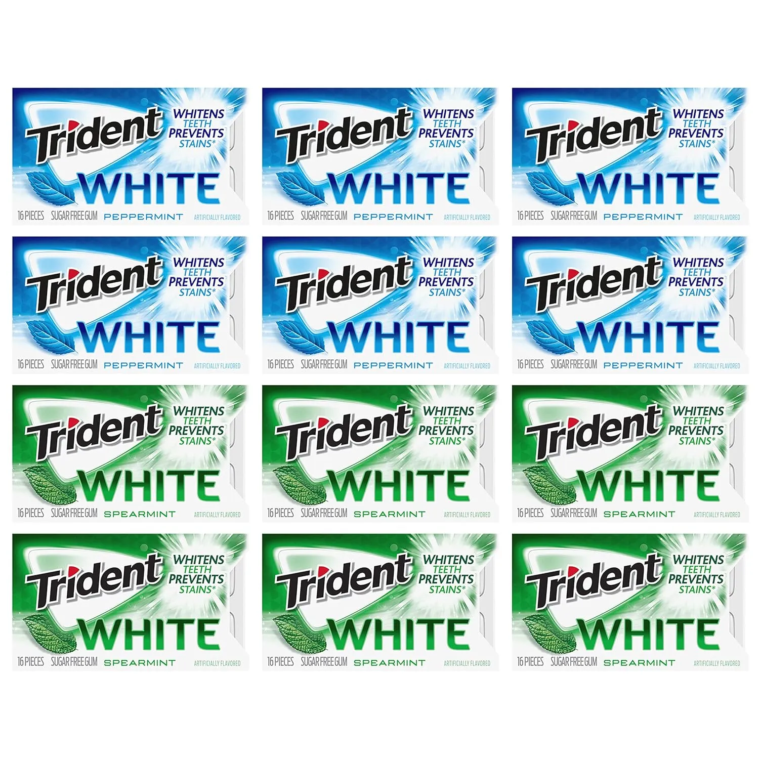 Trident White Sugar Free Gum Variety Pack, Peppermint & Spearmint Flavors, 12 Packs of 16 Pieces (192 Total Pieces)