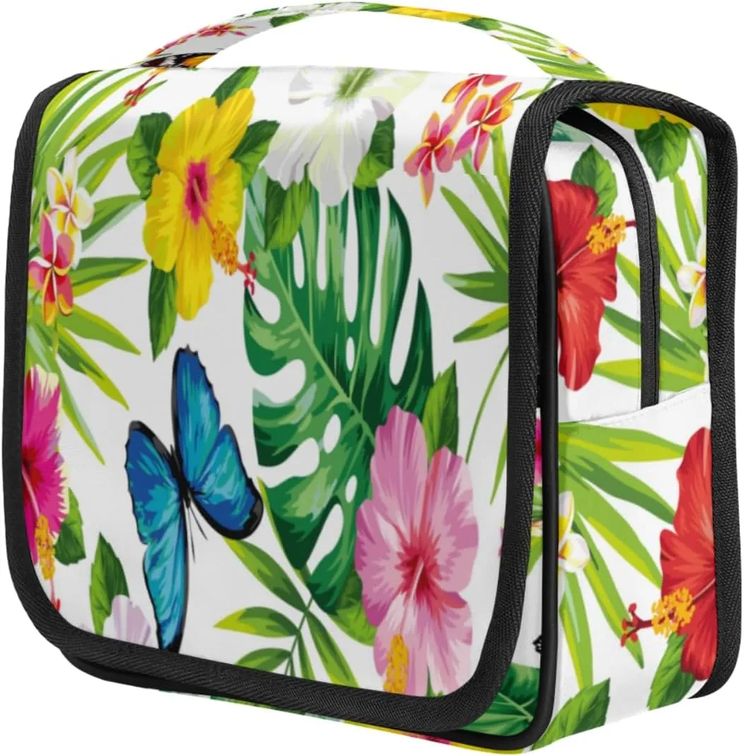 Tropical Floral Butterfly Travel Toiletry Bag for Women Portable Waterproof Travel Makeup Bag with Hanging Hook Makeup Cosmetic Organizer for Travel Business Trip Camping Bathroom
