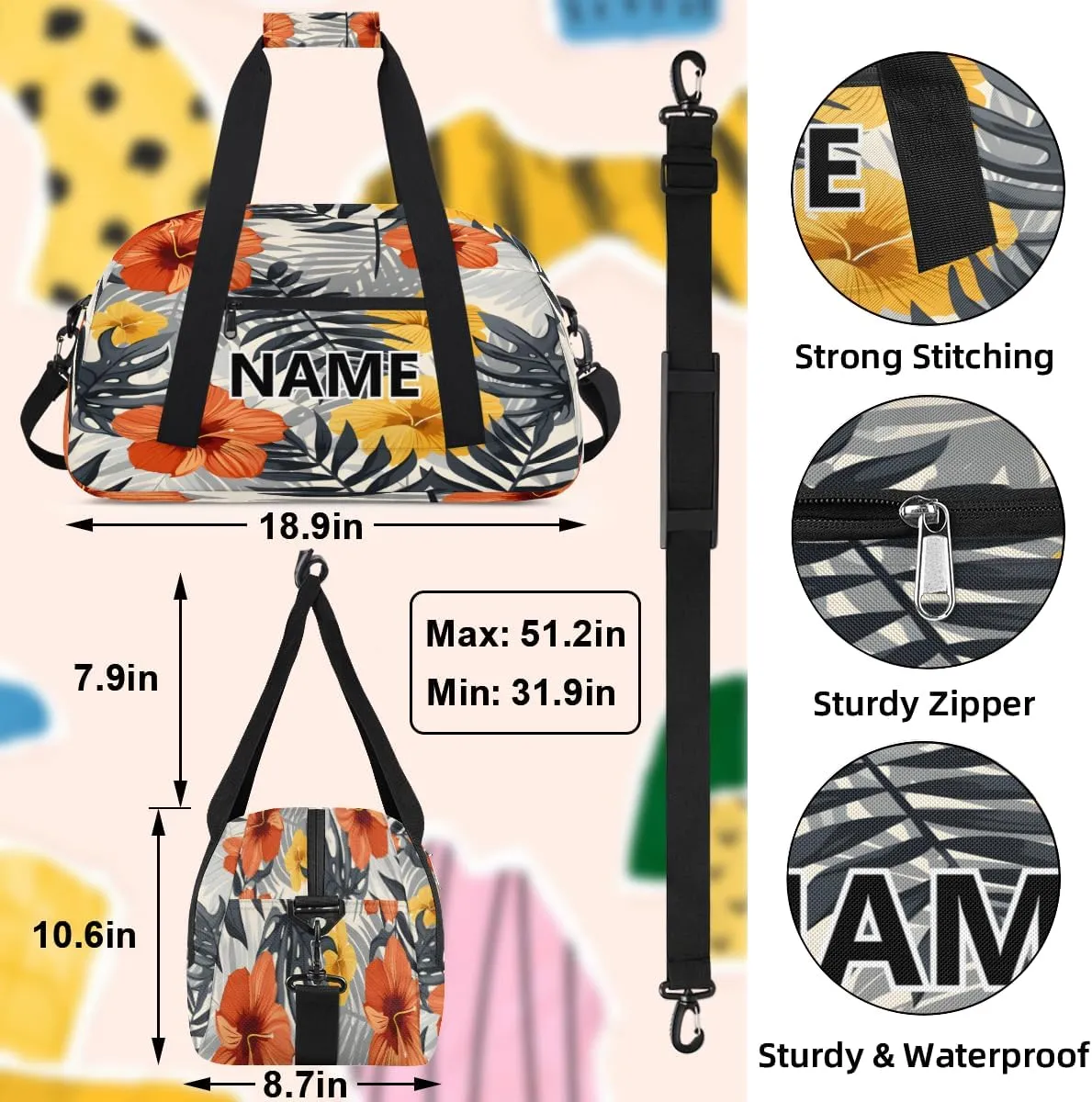 Tropical Flowers Mini Gym Bag 18 inch for Women Men Waterproof Custom Palm Retro Hawaiian Travel Duffel Bag Carry On Overnight Tote Nurse Bag for Work Fitness Hiking