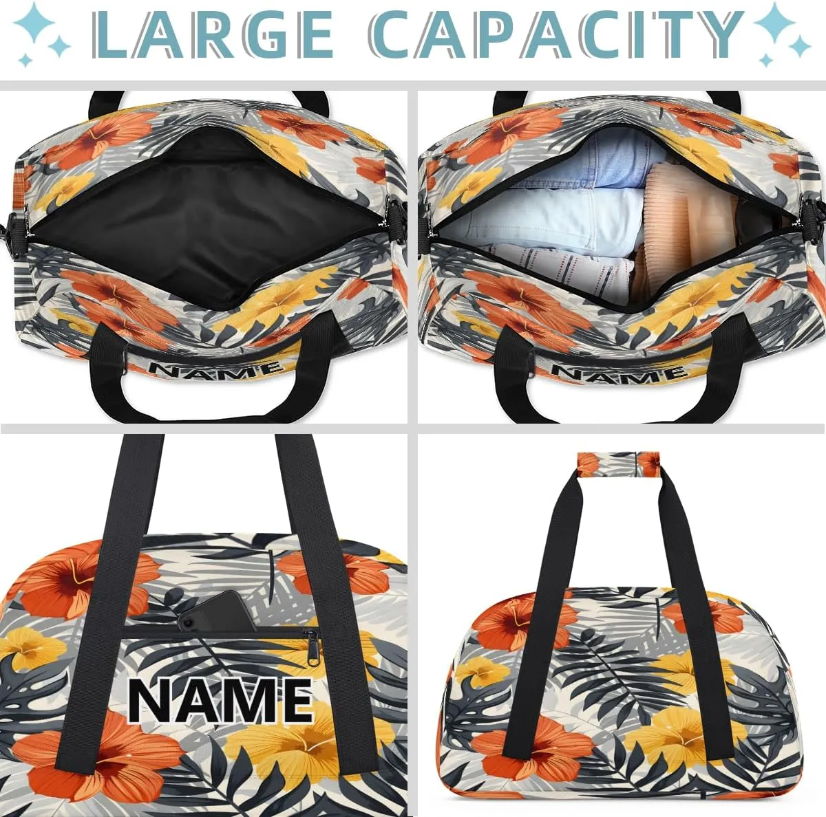 Tropical Flowers Mini Gym Bag 18 inch for Women Men Waterproof Custom Palm Retro Hawaiian Travel Duffel Bag Carry On Overnight Tote Nurse Bag for Work Fitness Hiking