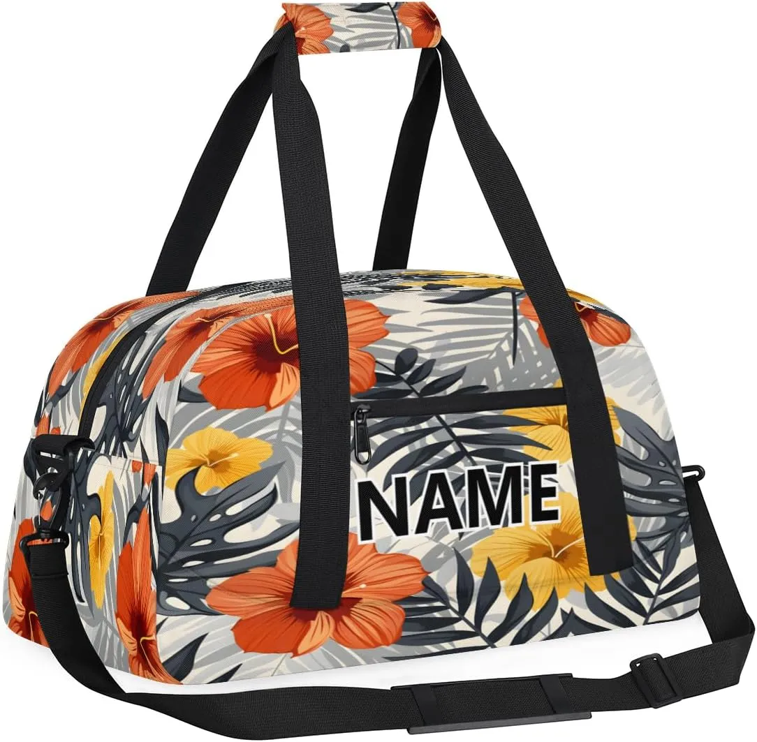 Tropical Flowers Mini Gym Bag 18 inch for Women Men Waterproof Custom Palm Retro Hawaiian Travel Duffel Bag Carry On Overnight Tote Nurse Bag for Work Fitness Hiking