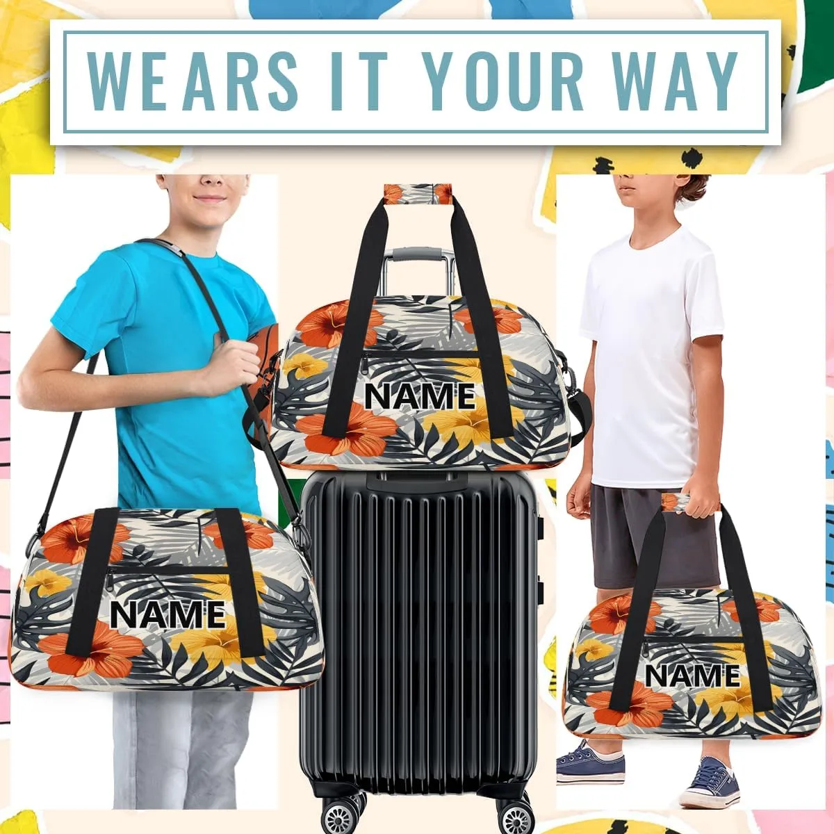 Tropical Flowers Mini Gym Bag 18 inch for Women Men Waterproof Custom Palm Retro Hawaiian Travel Duffel Bag Carry On Overnight Tote Nurse Bag for Work Fitness Hiking