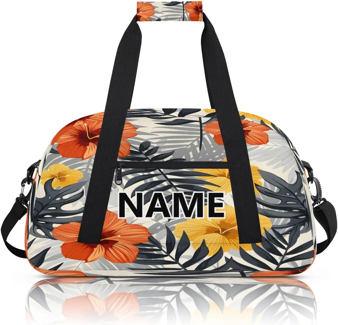 Tropical Flowers Mini Gym Bag 18 inch for Women Men Waterproof Custom Palm Retro Hawaiian Travel Duffel Bag Carry On Overnight Tote Nurse Bag for Work Fitness Hiking