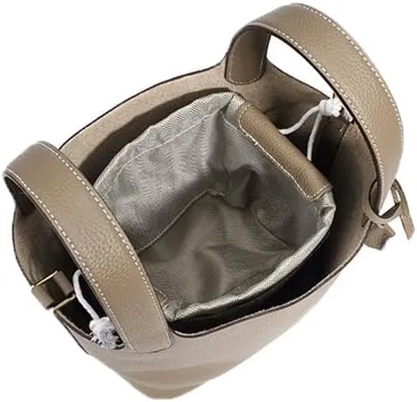 Trumpet Women's Handbag, Genuine Leather Lock Design Bucket Bag Vegetable Basket, Leather Lychee Pattern2025