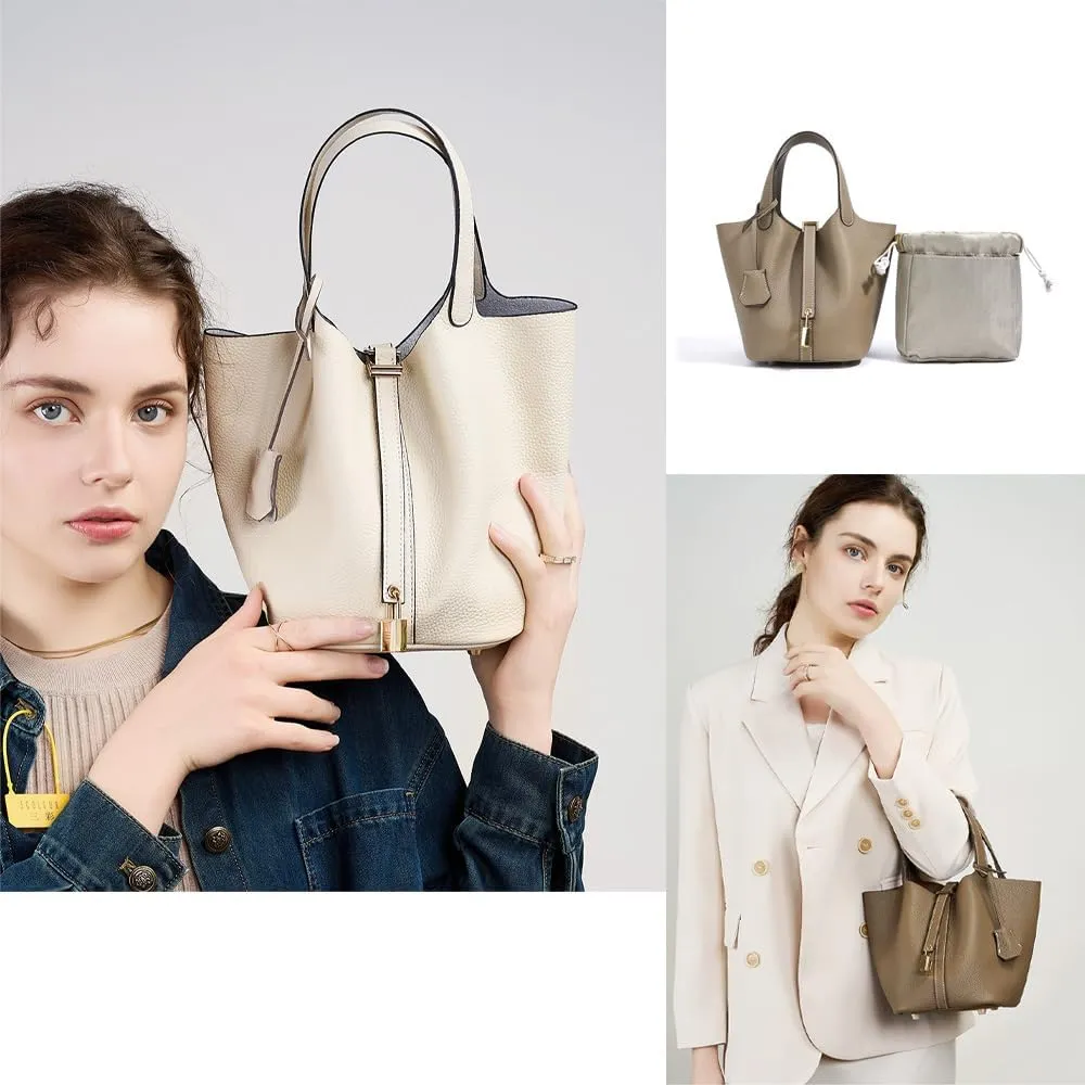 Trumpet Women's Handbag, Genuine Leather Lock Design Bucket Bag Vegetable Basket, Leather Lychee Pattern2025