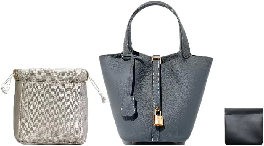 Trumpet Women's Handbag, Genuine Leather Lock Design Bucket Bag Vegetable Basket, Leather Lychee Pattern2025