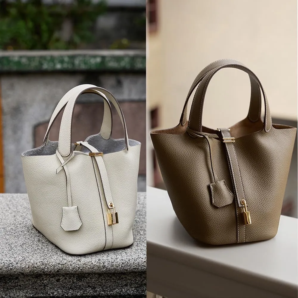 Trumpet Women's Handbag, Genuine Leather Lock Design Bucket Bag Vegetable Basket, Leather Lychee Pattern2025