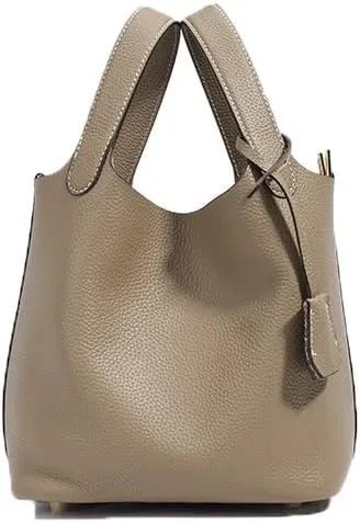 Trumpet Women's Handbag, Genuine Leather Lock Design Bucket Bag Vegetable Basket, Leather Lychee Pattern2025