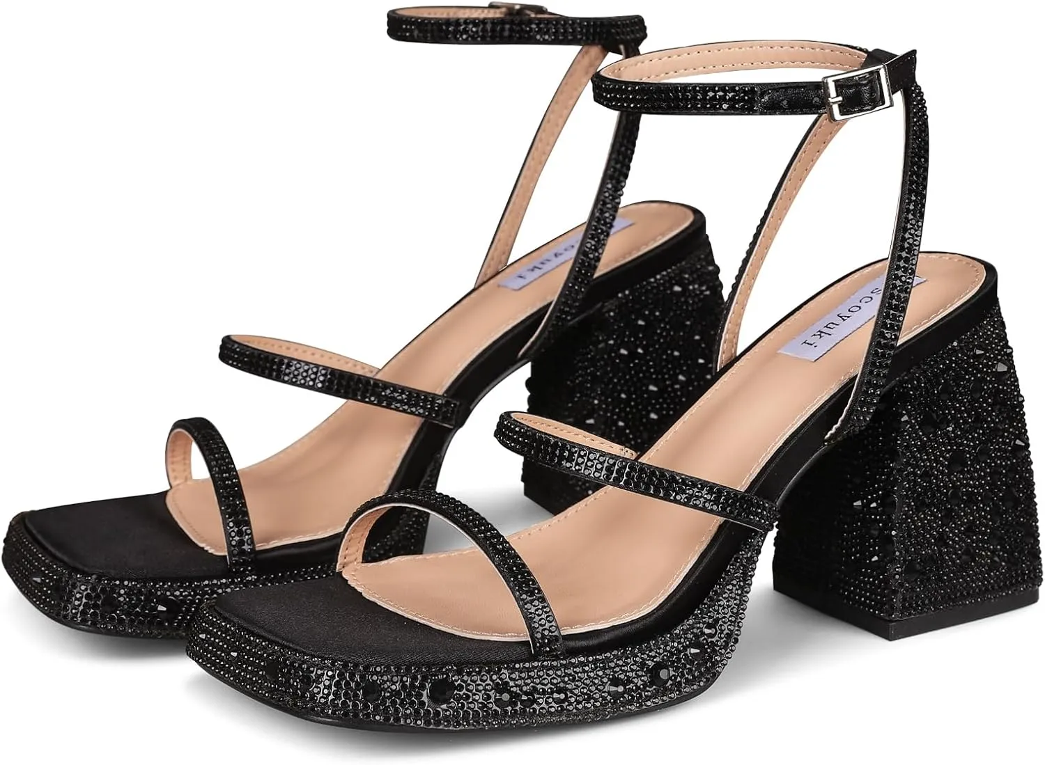 Tscoyuki Platform Heels for Women Sparkly Rhinestone Strappy Heels Sandals Chunky Heel Ankle Strap Square Open Toe Y2K Dress Shoes for Wedding Party Evening Dance