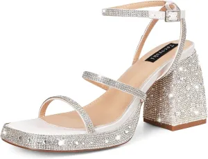 Tscoyuki Platform Heels for Women Sparkly Rhinestone Strappy Heels Sandals Chunky Heel Ankle Strap Square Open Toe Y2K Dress Shoes for Wedding Party Evening Dance