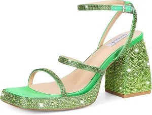 Tscoyuki Platform Heels for Women Sparkly Rhinestone Strappy Heels Sandals Chunky Heel Ankle Strap Square Open Toe Y2K Dress Shoes for Wedding Party Evening Dance