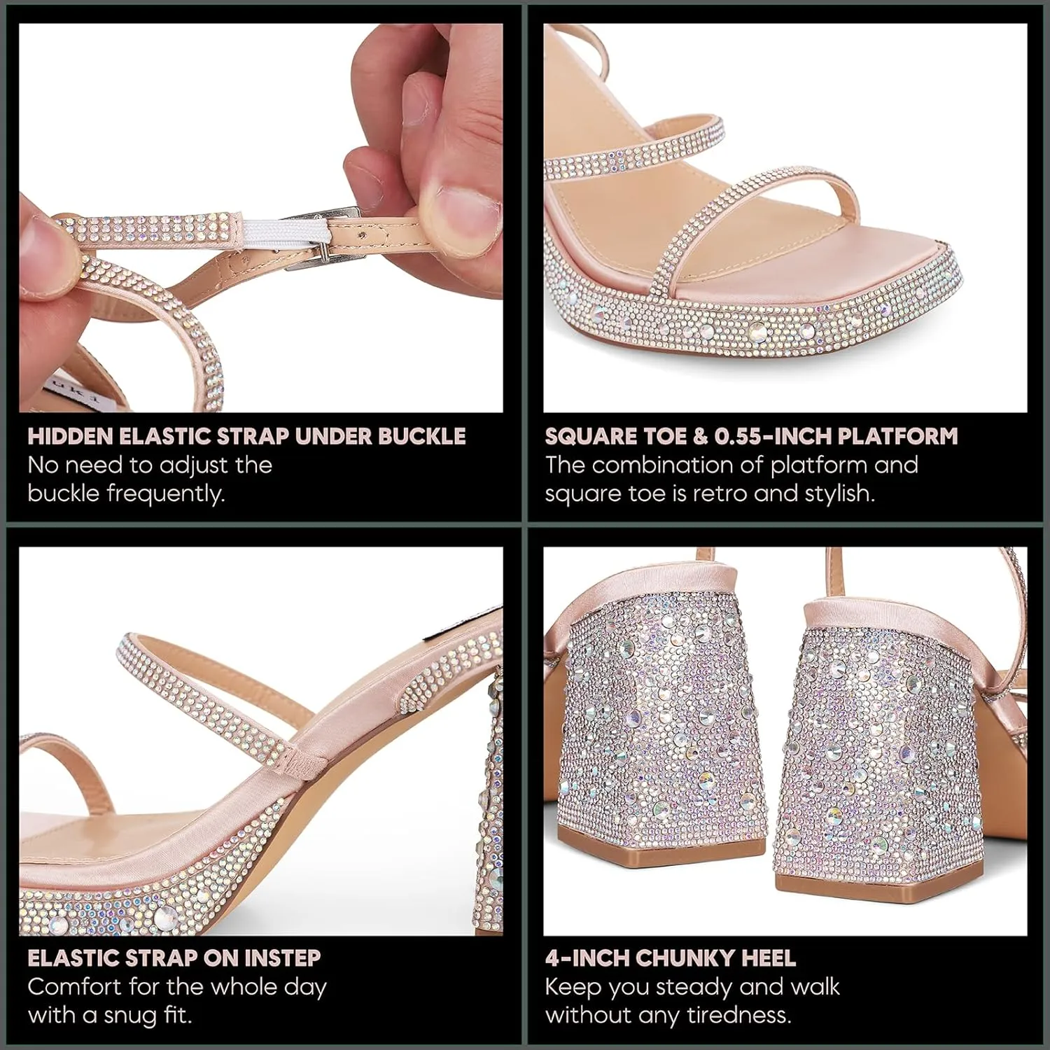 Tscoyuki Platform Heels for Women Sparkly Rhinestone Strappy Heels Sandals Chunky Heel Ankle Strap Square Open Toe Y2K Dress Shoes for Wedding Party Evening Dance