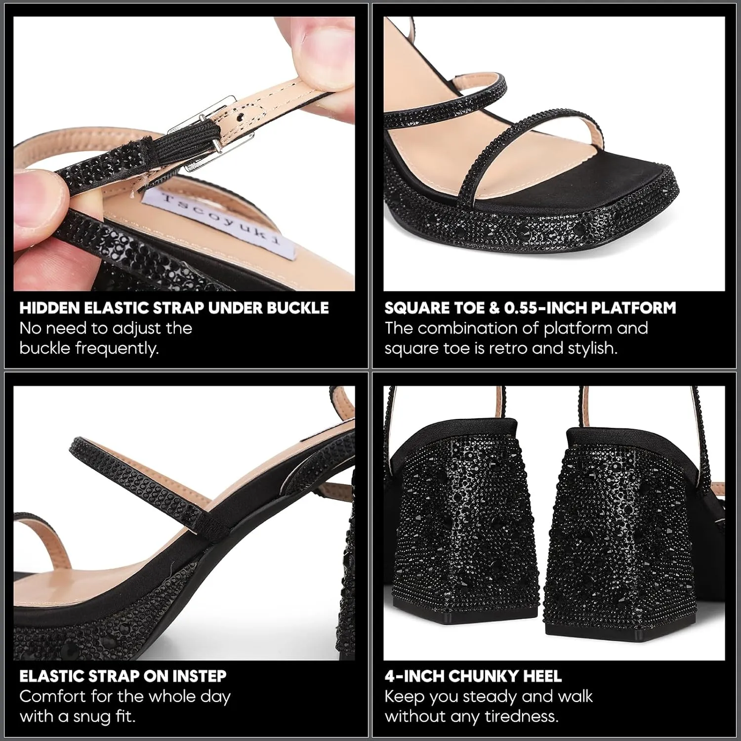 Tscoyuki Platform Heels for Women Sparkly Rhinestone Strappy Heels Sandals Chunky Heel Ankle Strap Square Open Toe Y2K Dress Shoes for Wedding Party Evening Dance