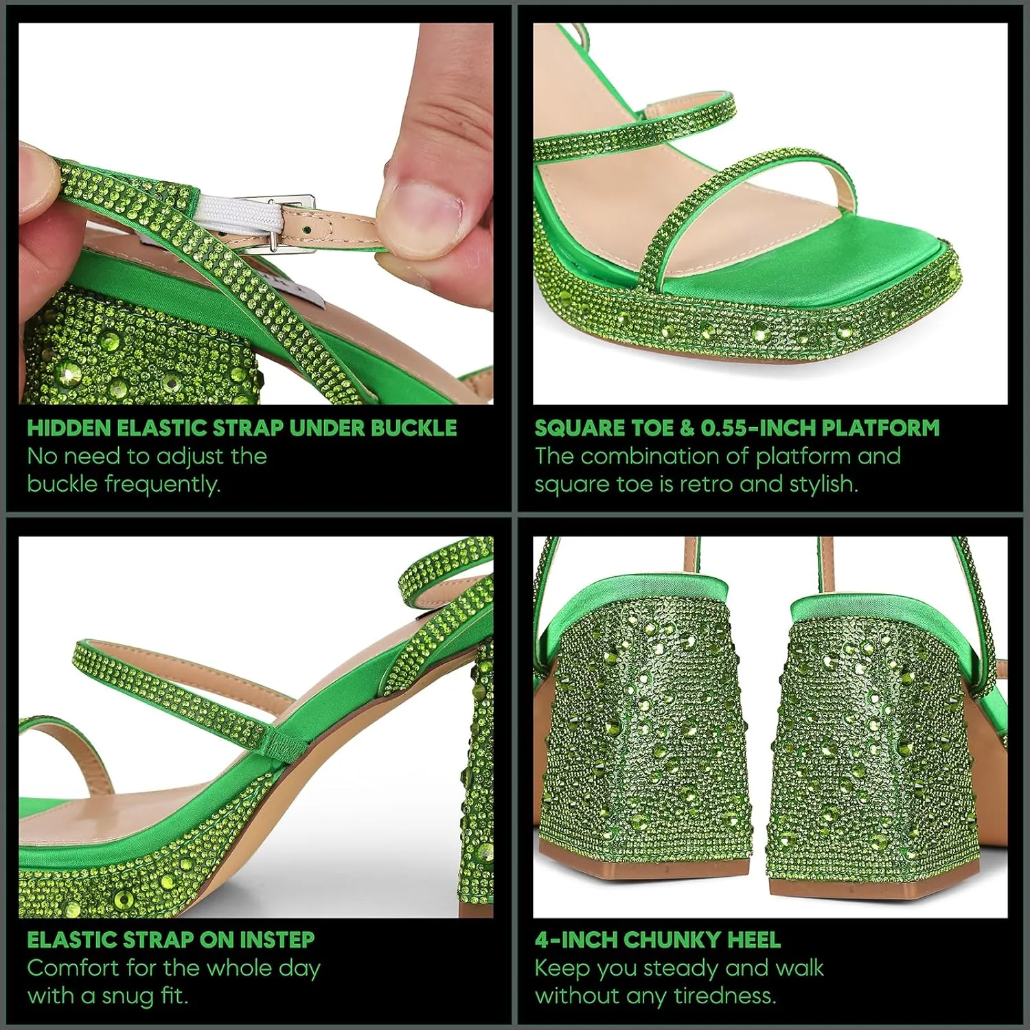 Tscoyuki Platform Heels for Women Sparkly Rhinestone Strappy Heels Sandals Chunky Heel Ankle Strap Square Open Toe Y2K Dress Shoes for Wedding Party Evening Dance