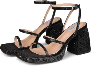 Tscoyuki Platform Heels for Women Sparkly Rhinestone Strappy Heels Sandals Chunky Heel Ankle Strap Square Open Toe Y2K Dress Shoes for Wedding Party Evening Dance