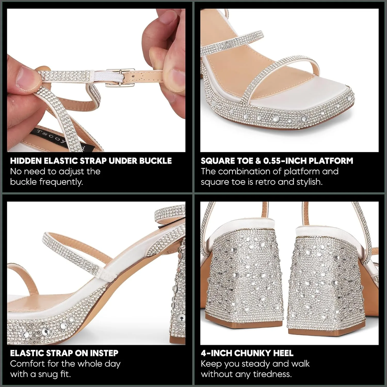 Tscoyuki Platform Heels for Women Sparkly Rhinestone Strappy Heels Sandals Chunky Heel Ankle Strap Square Open Toe Y2K Dress Shoes for Wedding Party Evening Dance