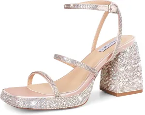 Tscoyuki Platform Heels for Women Sparkly Rhinestone Strappy Heels Sandals Chunky Heel Ankle Strap Square Open Toe Y2K Dress Shoes for Wedding Party Evening Dance