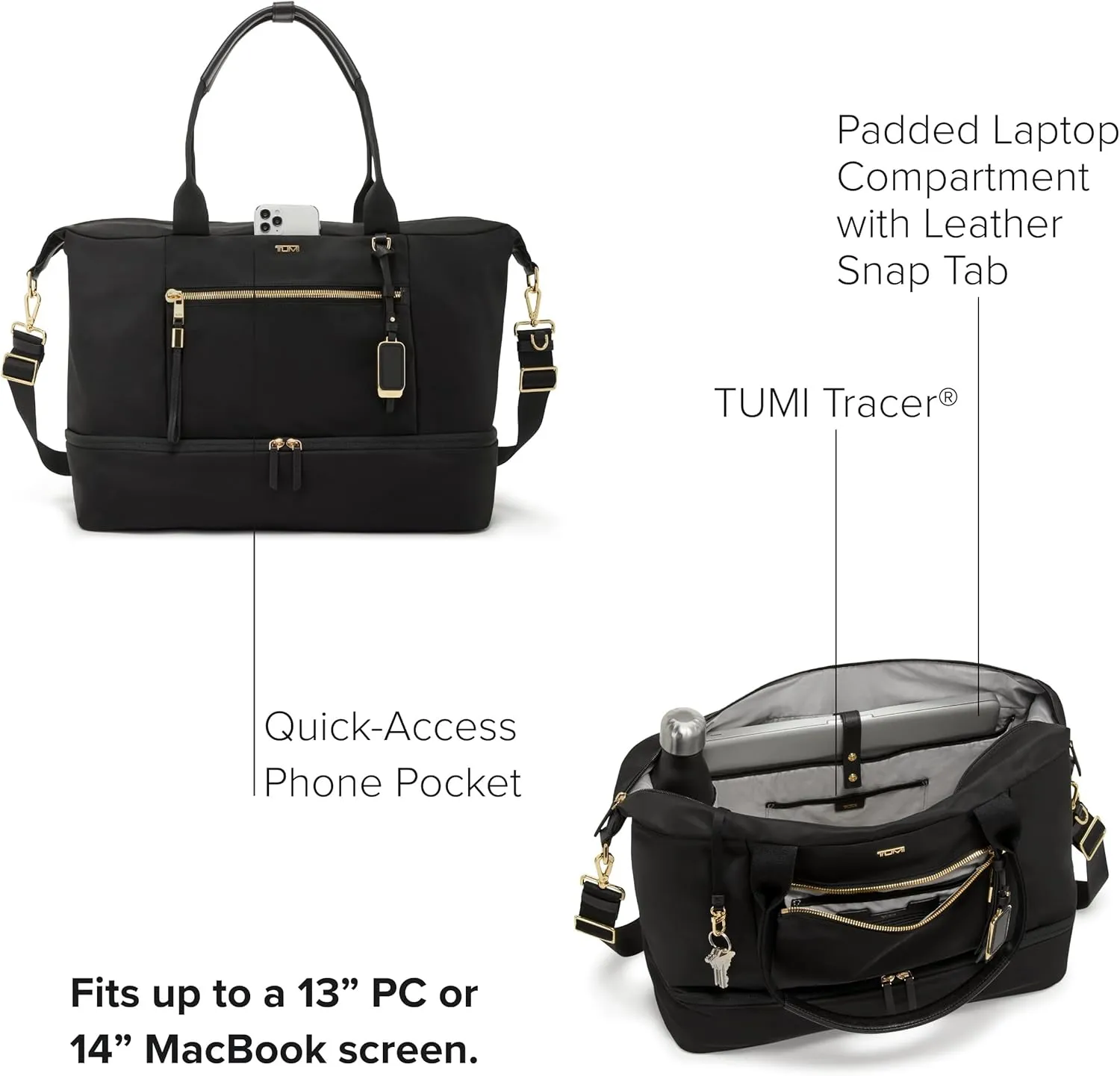 TUMI - Voyageur Contine Weekender - Travel Weekend Bag for Women - Holds Up to 14" Laptop - Multiple Compartment & Pockets - Black & Gold Hardware
