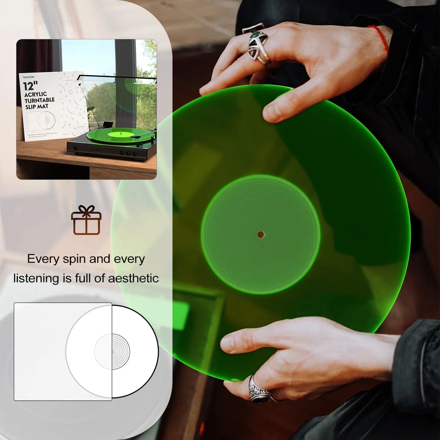 Turntable Mat Record Platter Slipmat: Greenlit Acrylic Record Player Platter Vinyl Slip Mats for Turntables Antistatic Tighter & Defined Bass, Green
