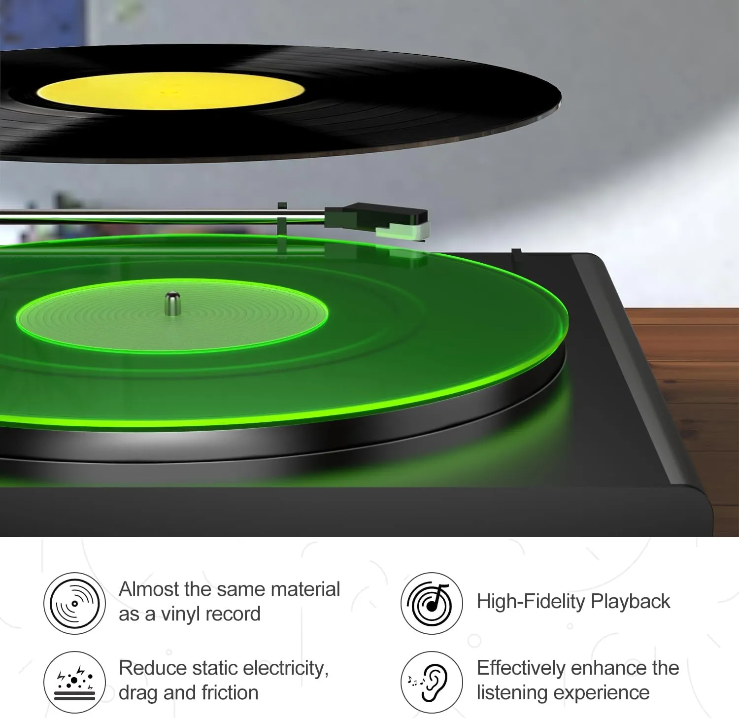 Turntable Mat Record Platter Slipmat: Greenlit Acrylic Record Player Platter Vinyl Slip Mats for Turntables Antistatic Tighter & Defined Bass, Green