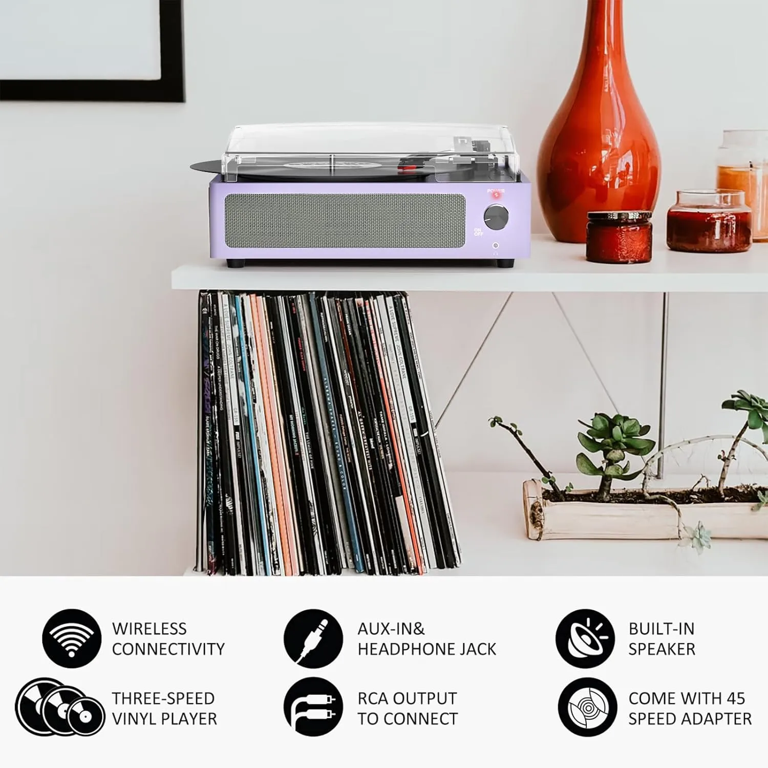 Turntable Vinyl Record Players New Sleek Turn Tables with Speakers Belt-Driven All-in-one LP Phonograph 3-Speed Bluetooth Wireless Playback Headphone AUX RCA Auto Stop Pale Light Purple