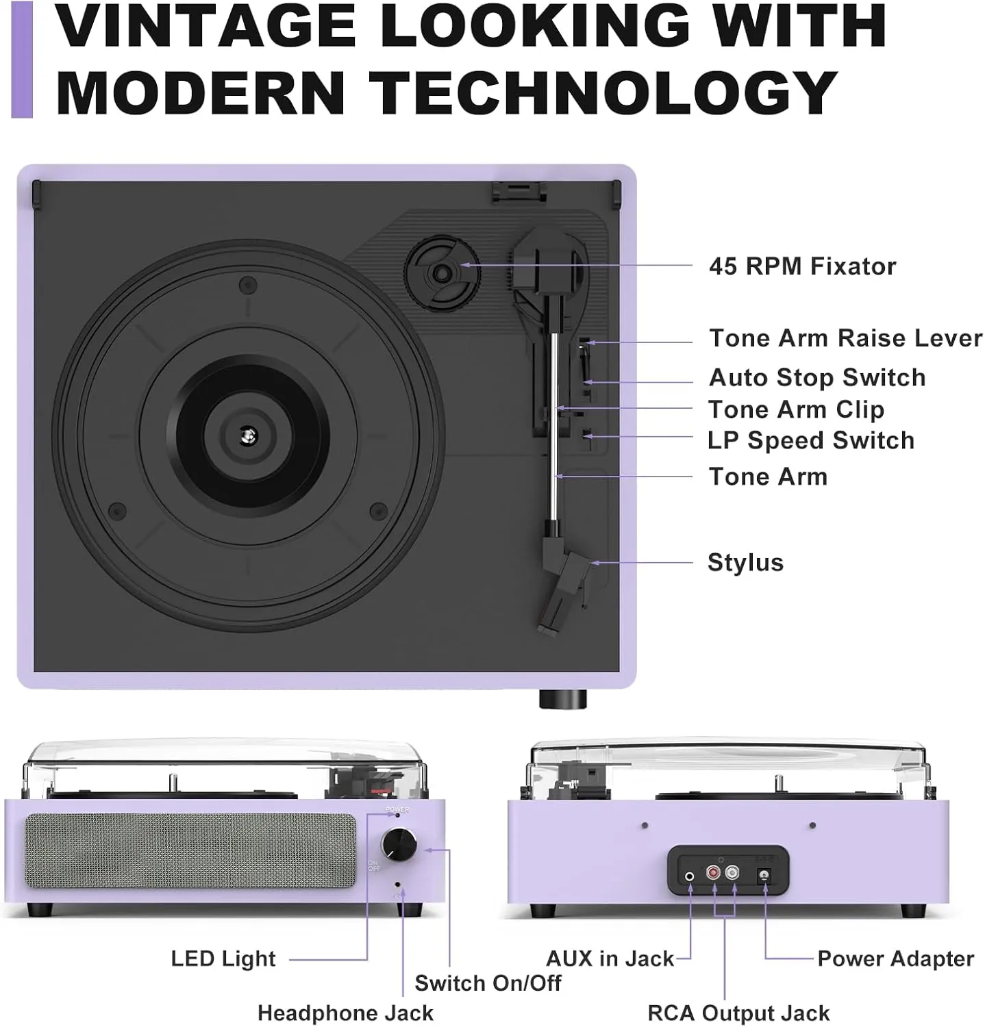 Turntable Vinyl Record Players New Sleek Turn Tables with Speakers Belt-Driven All-in-one LP Phonograph 3-Speed Bluetooth Wireless Playback Headphone AUX RCA Auto Stop Pale Light Purple