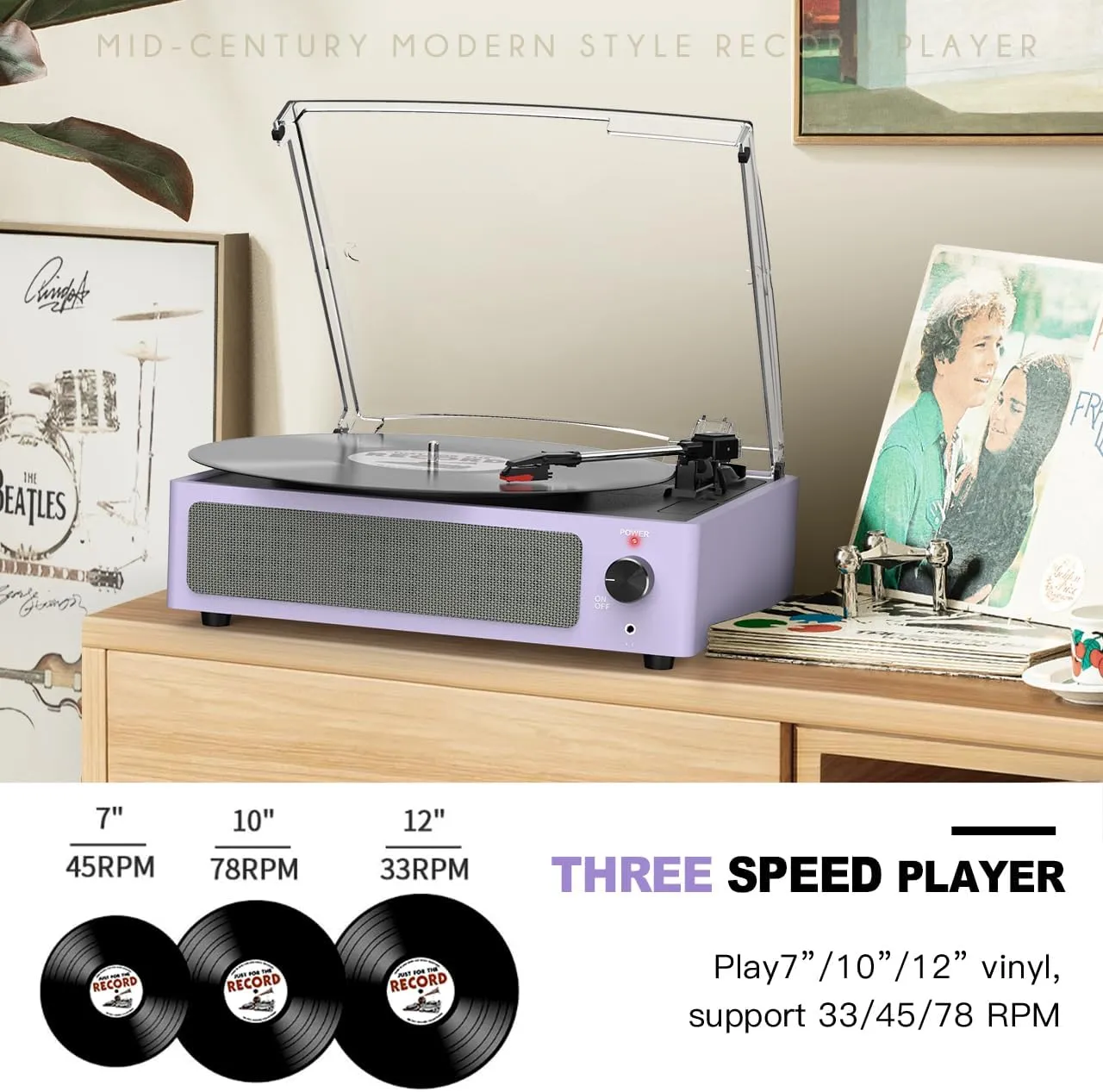 Turntable Vinyl Record Players New Sleek Turn Tables with Speakers Belt-Driven All-in-one LP Phonograph 3-Speed Bluetooth Wireless Playback Headphone AUX RCA Auto Stop Pale Light Purple