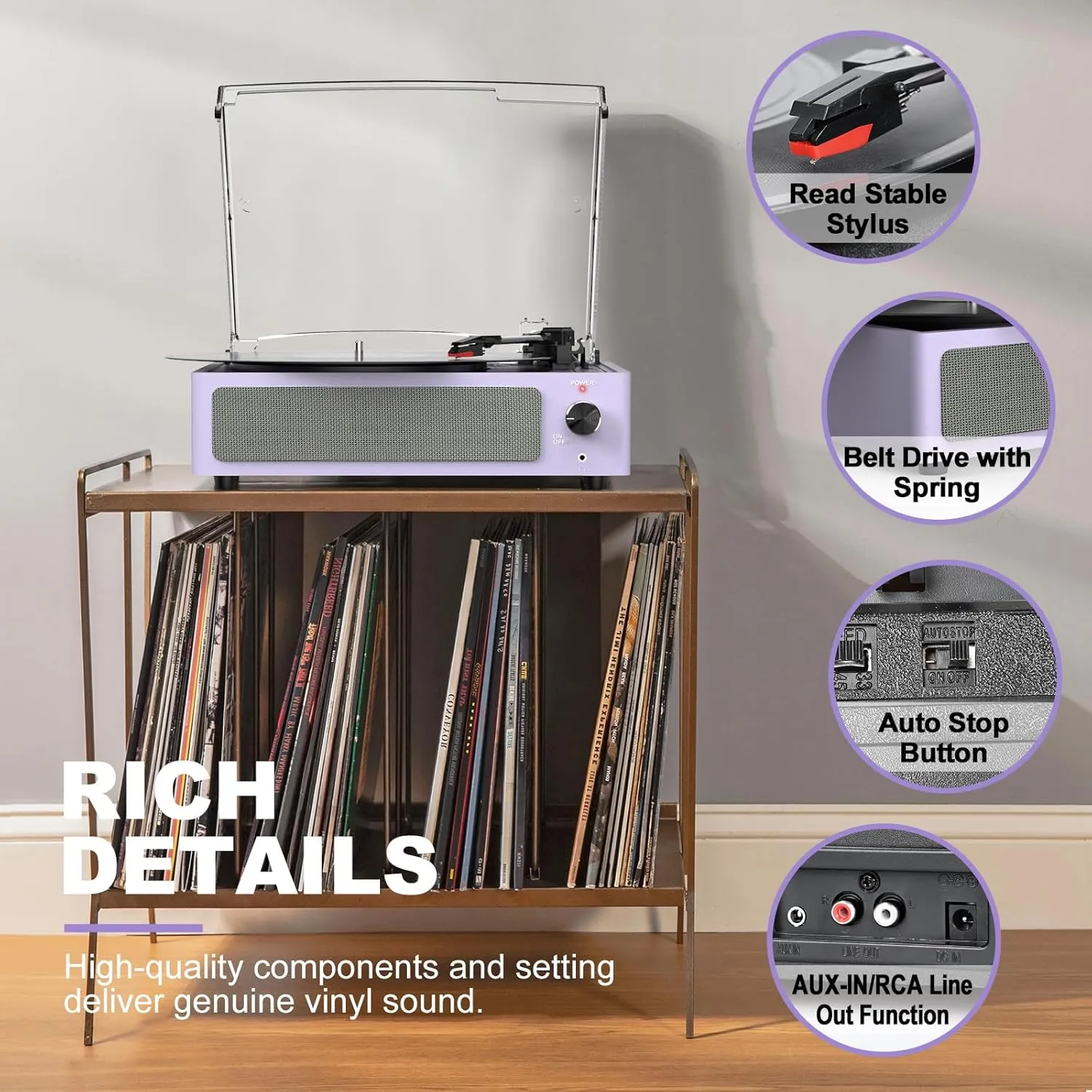 Turntable Vinyl Record Players New Sleek Turn Tables with Speakers Belt-Driven All-in-one LP Phonograph 3-Speed Bluetooth Wireless Playback Headphone AUX RCA Auto Stop Pale Light Purple