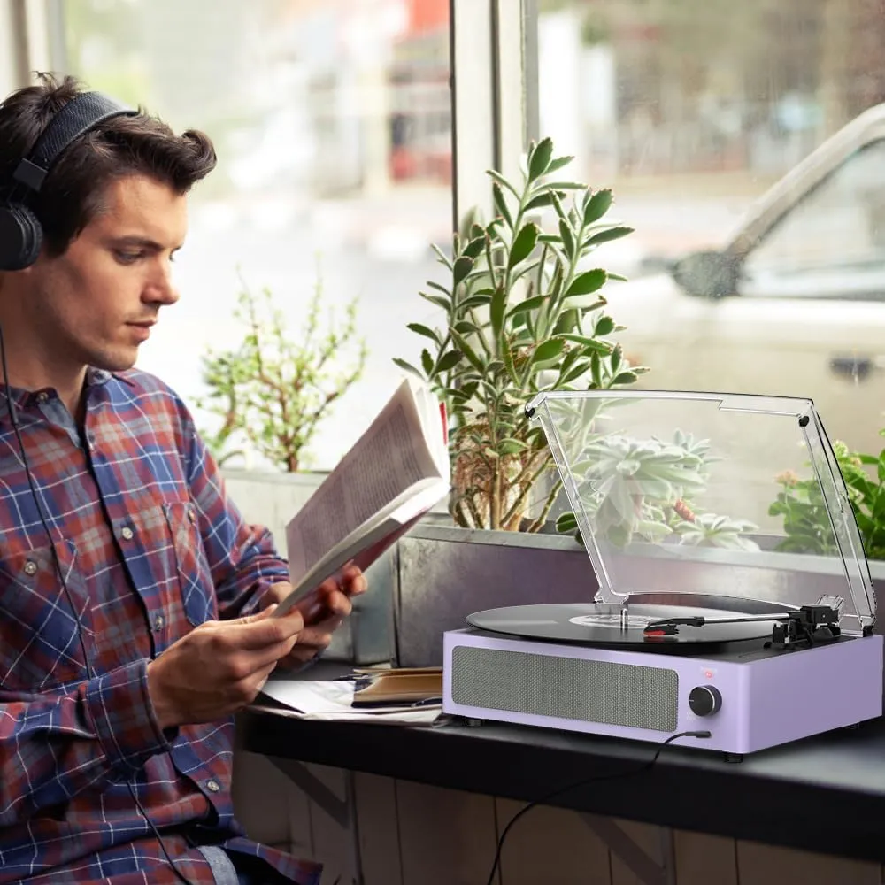 Turntable Vinyl Record Players New Sleek Turn Tables with Speakers Belt-Driven All-in-one LP Phonograph 3-Speed Bluetooth Wireless Playback Headphone AUX RCA Auto Stop Pale Light Purple
