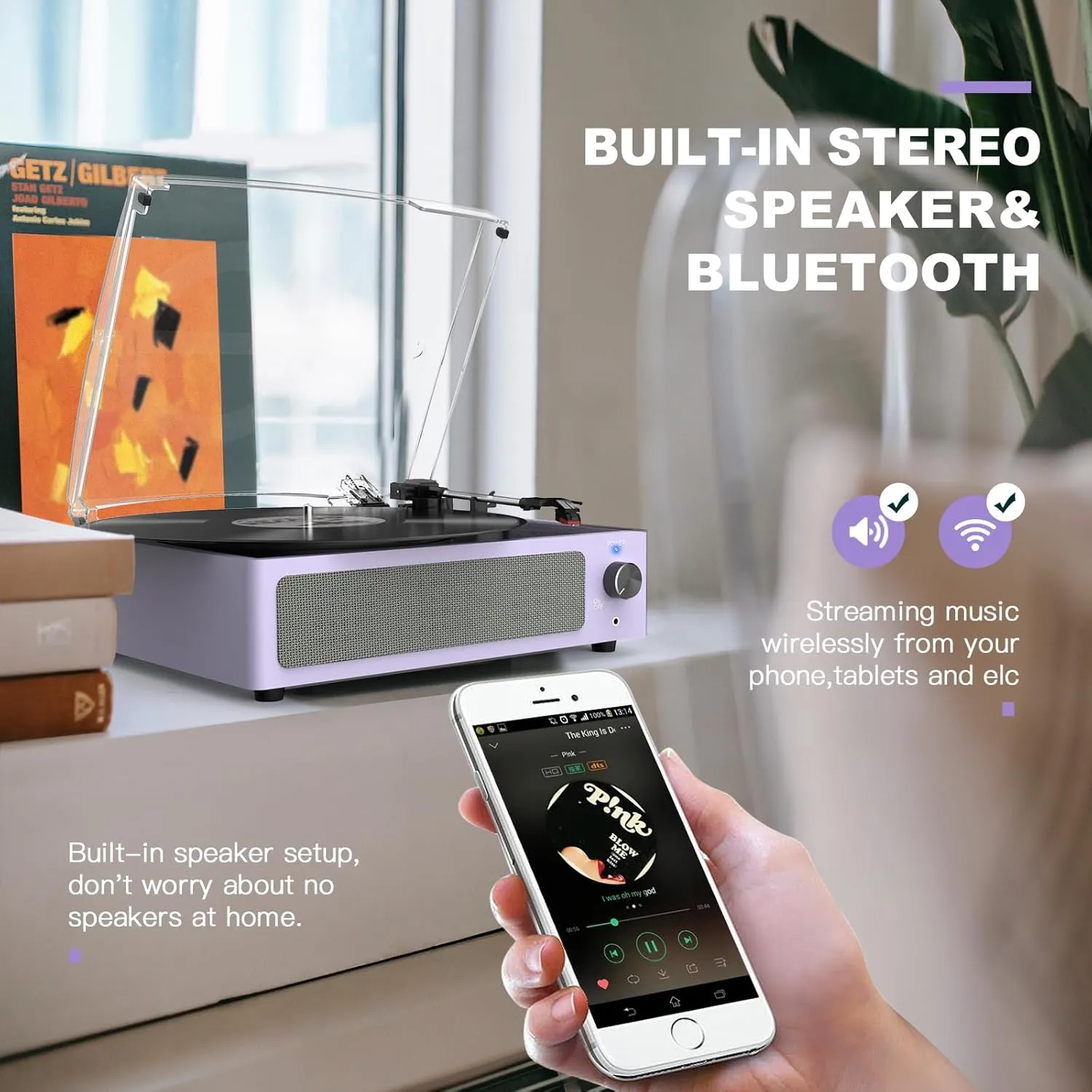 Turntable Vinyl Record Players New Sleek Turn Tables with Speakers Belt-Driven All-in-one LP Phonograph 3-Speed Bluetooth Wireless Playback Headphone AUX RCA Auto Stop Pale Light Purple