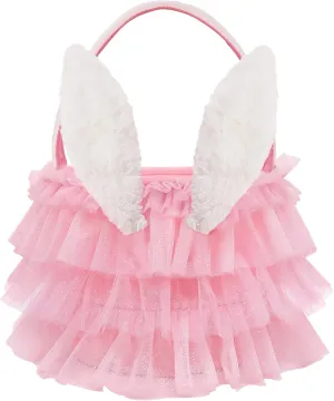Tutu Easter Basket, Pink Ruffled Shining Tulle with Fluffy Bunny Ears, Easter Theme Party Favors Stuffers Gifts for Girls, Easter Egg Hanting Decorations Party Supplies