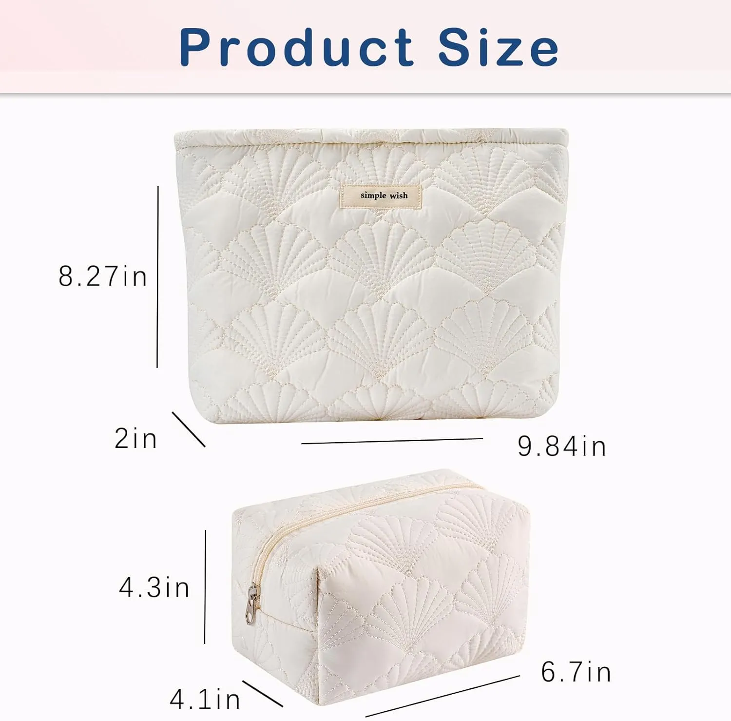 uekeboag 2Pcs White Shells Quilted Cotton Makeup Pouch Set,Coquette Quilted Toiletry Bag for Women and Girls, Floral Coquette Organizer Bag, Aesthetic Travel Cosmetic Bags(2Pcs White Shells)