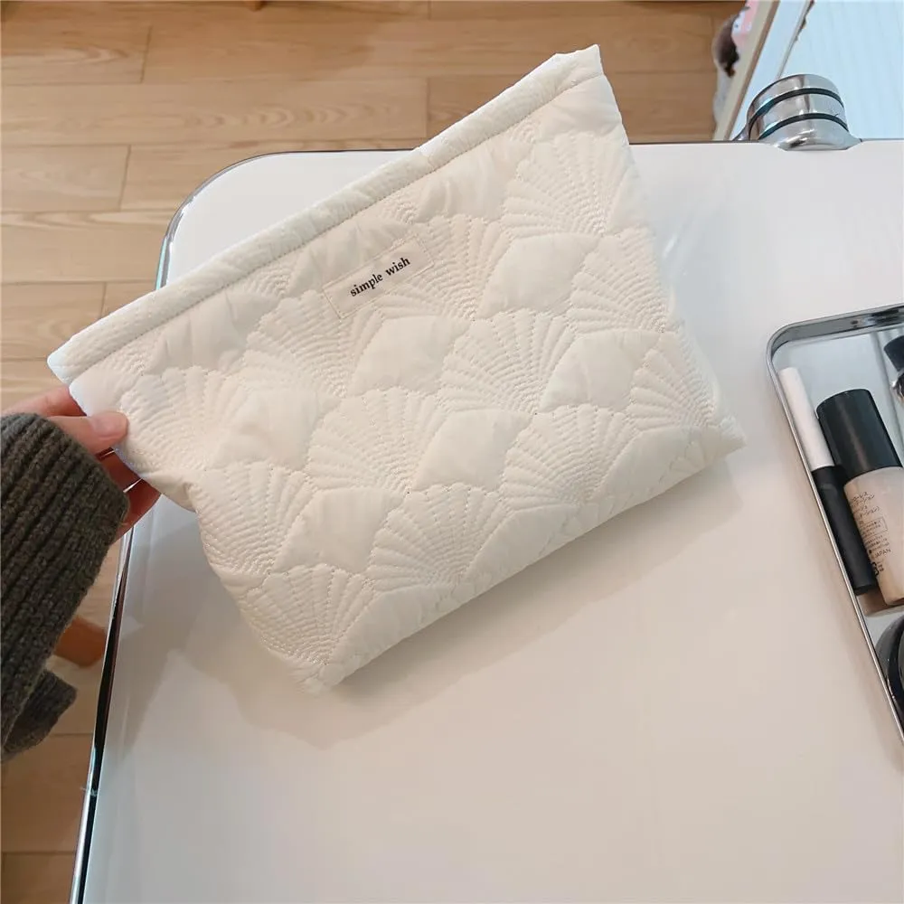uekeboag 2Pcs White Shells Quilted Cotton Makeup Pouch Set,Coquette Quilted Toiletry Bag for Women and Girls, Floral Coquette Organizer Bag, Aesthetic Travel Cosmetic Bags(2Pcs White Shells)