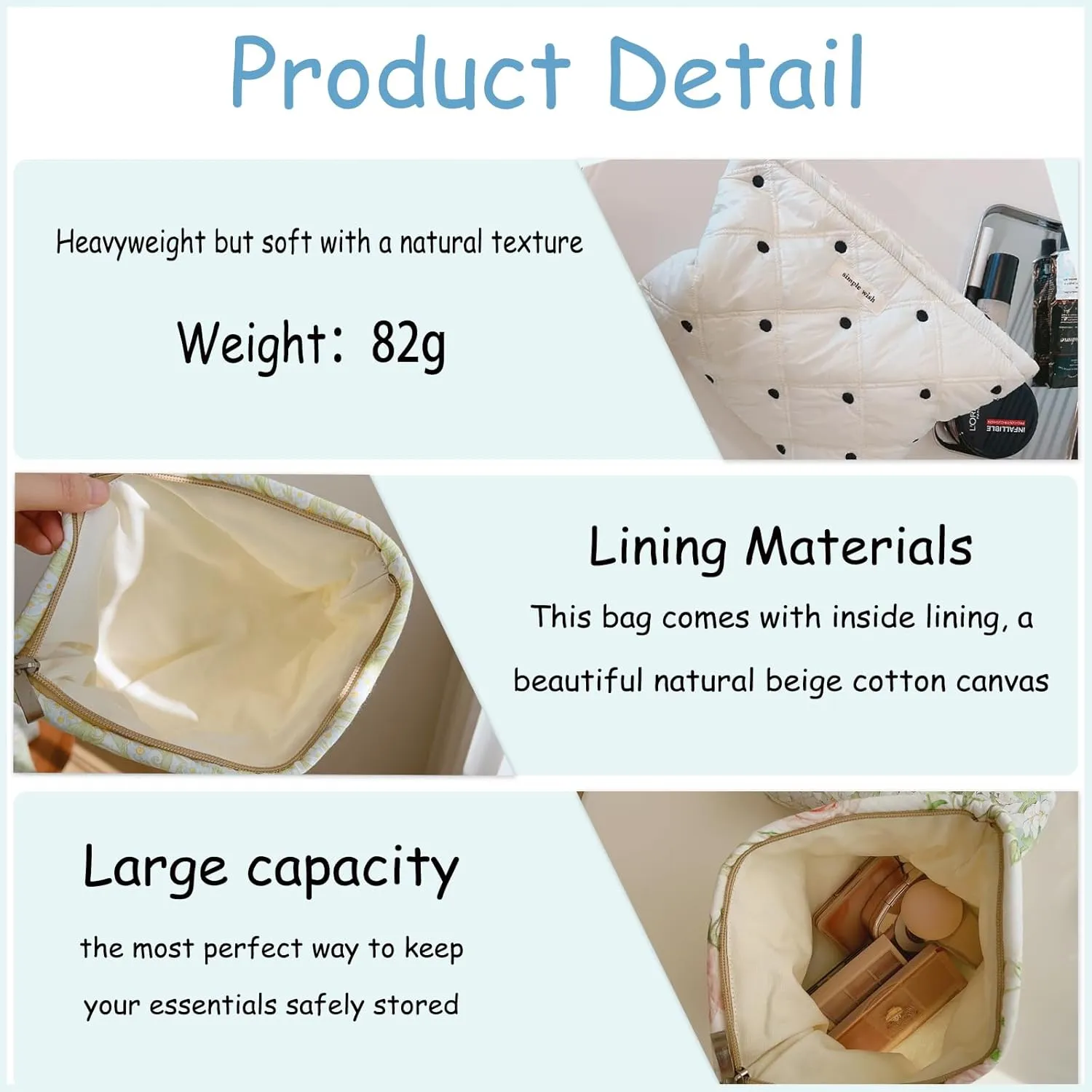 uekeboag 2Pcs White Shells Quilted Cotton Makeup Pouch Set,Coquette Quilted Toiletry Bag for Women and Girls, Floral Coquette Organizer Bag, Aesthetic Travel Cosmetic Bags(2Pcs White Shells)