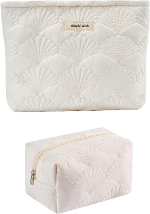 uekeboag 2Pcs White Shells Quilted Cotton Makeup Pouch Set,Coquette Quilted Toiletry Bag for Women and Girls, Floral Coquette Organizer Bag, Aesthetic Travel Cosmetic Bags(2Pcs White Shells)