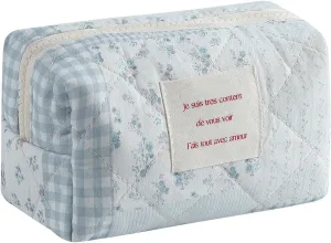 uekeboag Small Cute Floral Quilted Cotton Makeup Bag,Mini Coquette Quilted Cosmetic Pouch with Zipper,Kawaii Travel Toiletry Bags for Purse(01 Blue checked Flower)