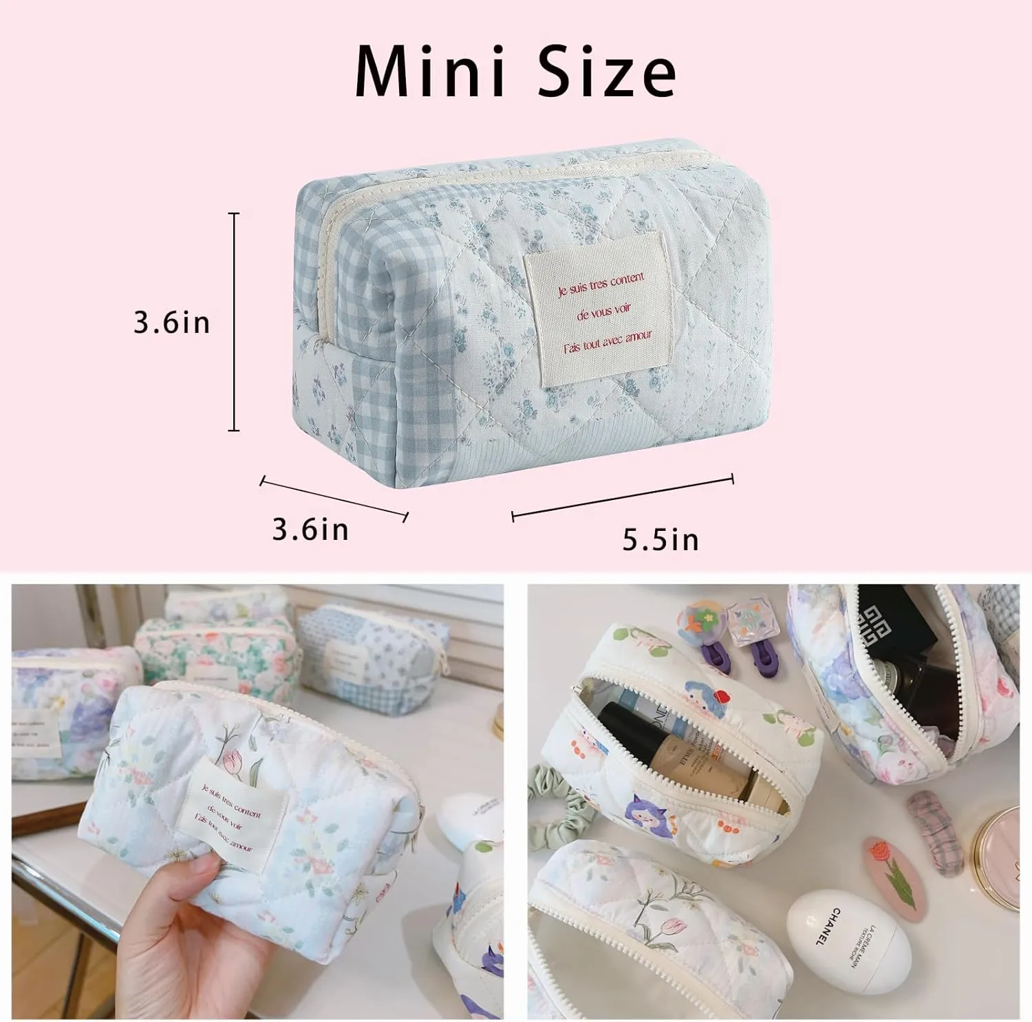 uekeboag Small Cute Floral Quilted Cotton Makeup Bag,Mini Coquette Quilted Cosmetic Pouch with Zipper,Kawaii Travel Toiletry Bags for Purse(01 Blue checked Flower)
