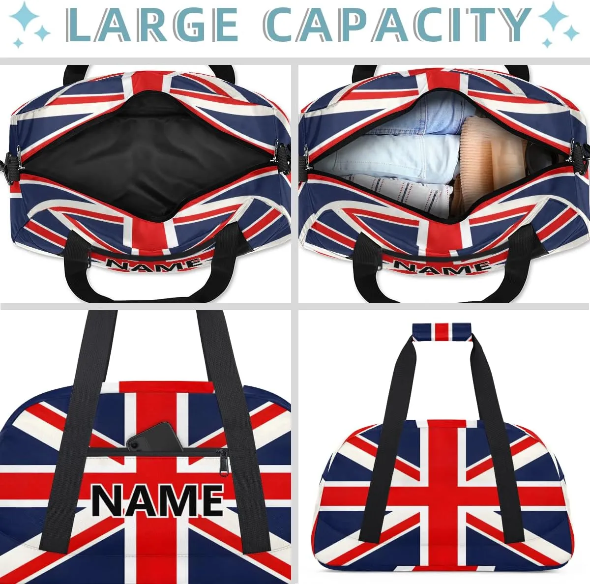 UK British Flag Custom Small Gym Bag 18 inch for Women Men Personalized Union Jack Carry On Overnight Weekender Bag for Travel Work Dance Sport