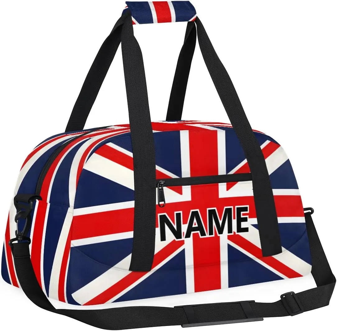 UK British Flag Custom Small Gym Bag 18 inch for Women Men Personalized Union Jack Carry On Overnight Weekender Bag for Travel Work Dance Sport
