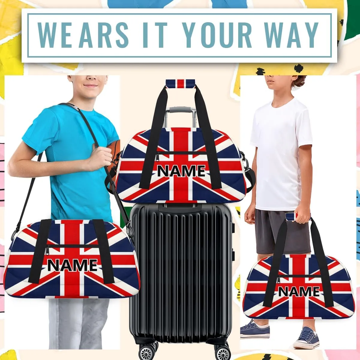 UK British Flag Custom Small Gym Bag 18 inch for Women Men Personalized Union Jack Carry On Overnight Weekender Bag for Travel Work Dance Sport