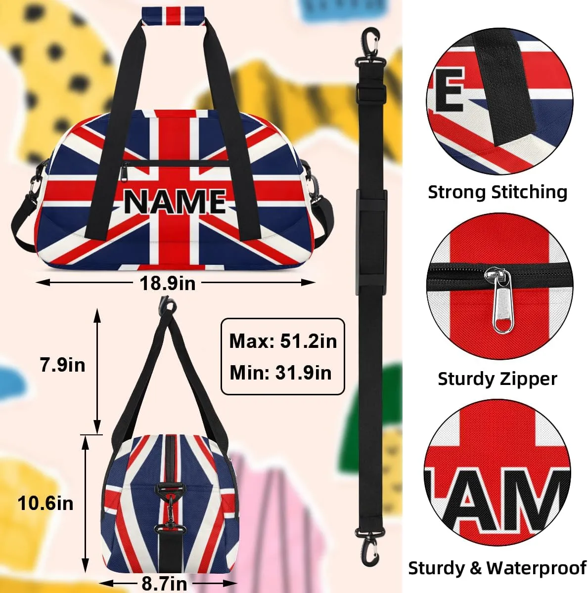 UK British Flag Custom Small Gym Bag 18 inch for Women Men Personalized Union Jack Carry On Overnight Weekender Bag for Travel Work Dance Sport
